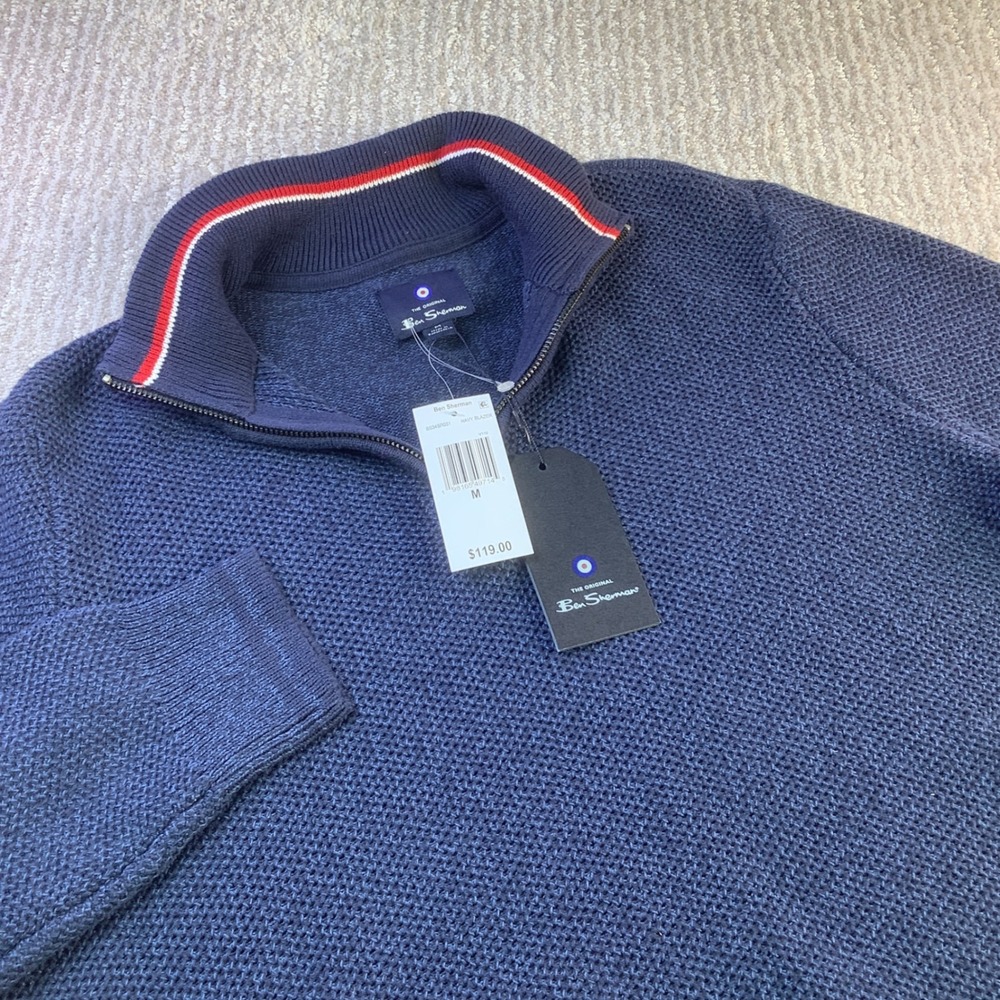Ben Sherman Mens Navy Blazer Quarter Zip Textured Knit Cotton Sweater M